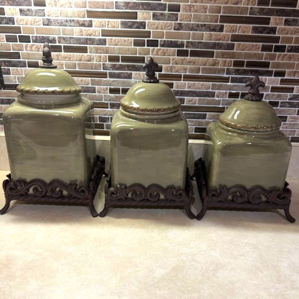 Artimino Tuscan Countryside Sage Green Canister Set3 Canisters W/ Metal Stands